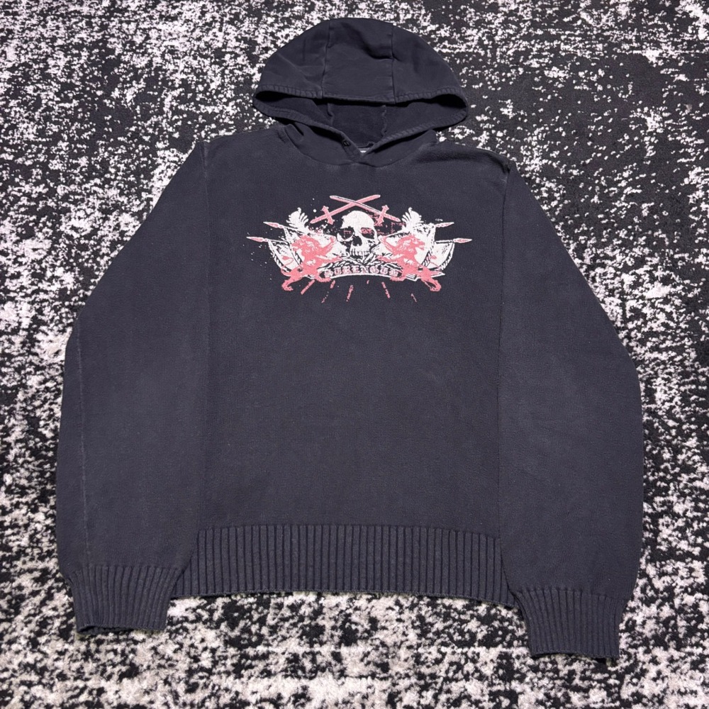 Express Design Studio Mens Black Y2K Skull Graphic Knit Hoodie Large